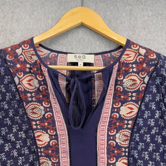 Sea New York Womens Size 4 Printed Boho Blouse Navy Blue Red Peasant India VNeck - Picture 2 of 12